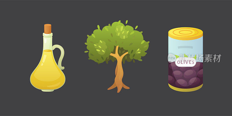 Set olives fruit. Olive oil bottle, tree vector illustration in cartoon style.